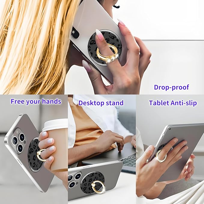 Magnetic Phone Ring Holder Compatible with MagSafe, Cute Phone Grip Stand with 360° Rotation Gold Glitter Finger Ring Kickstand Accessories for Most Phones Glitter Black Leopard