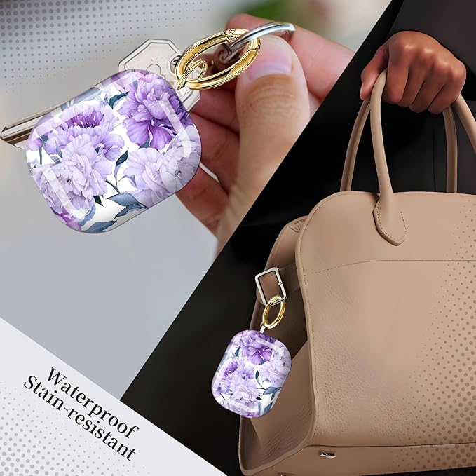 Case for AirPod Pro 3 Shock-Proof Protective Hard Case with Golden Keychain Compatible with Apple Airpods Pro 3rd Generation 2025 (Beautiful Purple Flower)