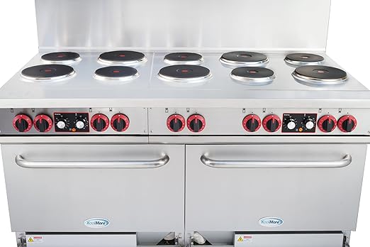 KoolMore KM-CR60-E 60 in. Commercial Range with 10 Burners and 2 Standard Electric Ovens in Stainless Steel-208V 3-Phase, CSA Listed, Solid Black