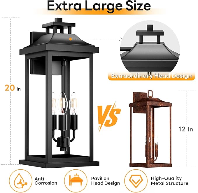 20" Large Outdoor Light Fixtures 3-Light 2 Pack, Black Outside Modern Porch Lights for House, Exterior Wall Sconce Lanterns Wall Mounted Waterproof Outdoor Coach Lamps for Garage E12