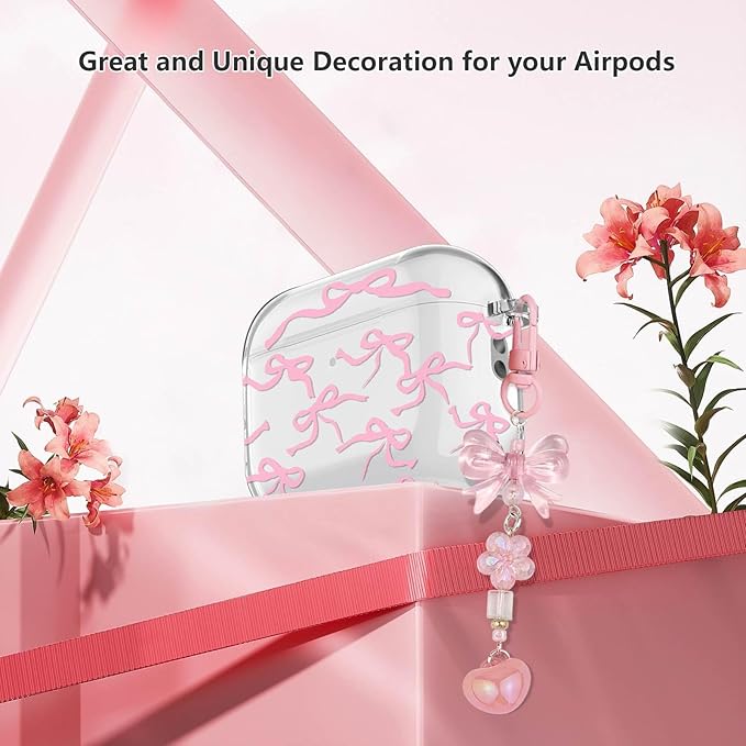 for Airpods Pro 3 Case Clear,Cute Girly Bow Tie Kawaii Ribbon Pattern for Airpods Pro 3rd Generation Case Cover,Soft TPU with Bowknot Flower Heart Keychain&Cleaning Pen Women Girls-Clear