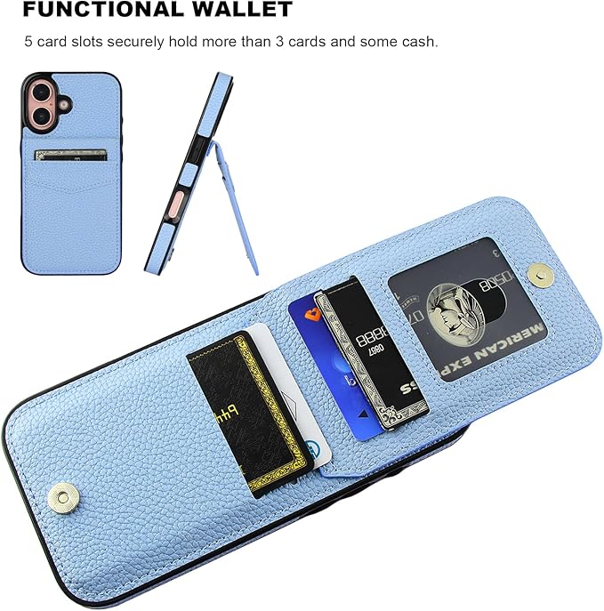 KIHUWEY Compatible with iPhone 16 Case Wallet with Credit Card Holder, Flip Premium Leather Magnetic Clasp Kickstand Heavy Duty Protective Cover for iPhone 16 6.1 Inch (Lichee Light Blue)