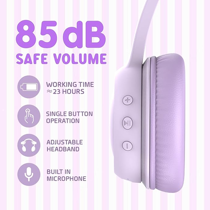 Kids Bluetooth Headphones,Kids Headphones Wireless with 85dB Volume Limiter, 30H Playtime, Adjustable Headband,Over-Ear Headphone for Kid School Online Class Travel(Purple)