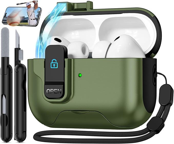 Compatible with AirPods Pro 3 2025 Case with Phone Stand & Cleaning Kit,Magnetic Automatic Lock Design Cover for Air pods Pro 3rd- (Dark Green)