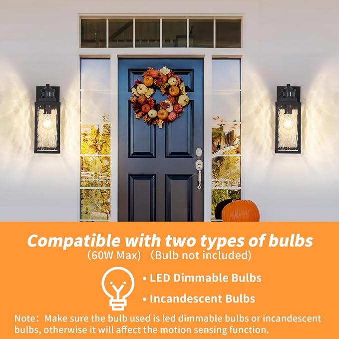 2 Pack Motion Sensor Outdoor Wall Lights,Updated Dusk to Dawn Outdoor Lighting, Exterior Light Fixtures Wall Mount With Water-Rippled Glass,Waterproof Black Porch Light Outside Lights for House