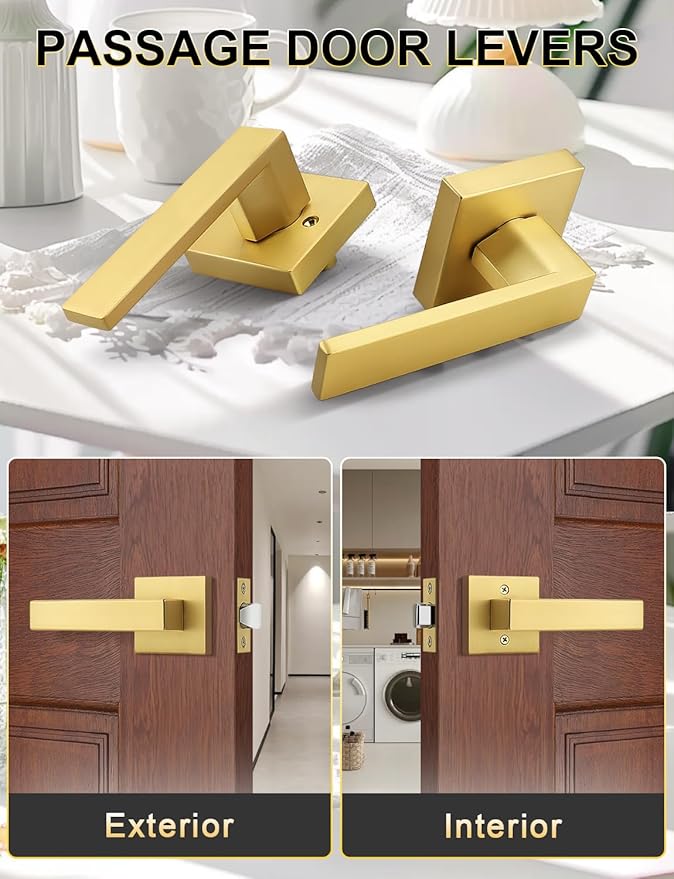 8 Pack Gold Keyless Square Levers Handles, Satin Brass Finish, Interior Passage Door Locksets for Hall Closet Door Knobs Lock Reversible Right & Left Handed