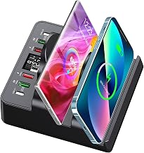 Wireless Charging Station with 6 USB Ports, 8 in 1 15W Dual Wireless Charger Station, 2 QC/2 PD USB Fast Charging Station, 80W Phone Charger for iPhone14/13/12/11/X/Samsung/Android/iWatch