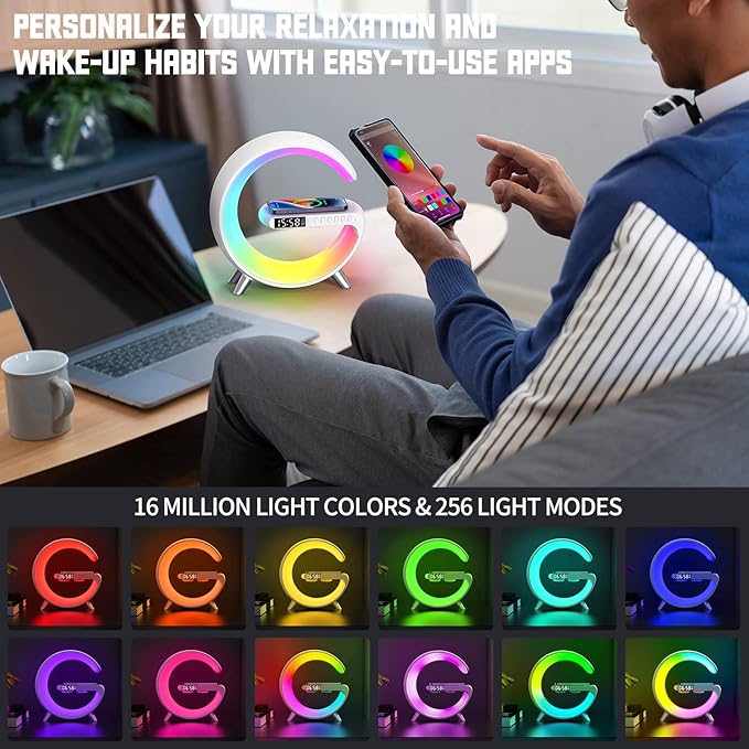 Smart Wireless Charging Alarm Clock with Bluetooth Speaker, App Controlled Bedside Lamp Table Light and Night Light, Bedroom Home Decor, Gift for Girls Boys and Family for Birthday Christmas (White)