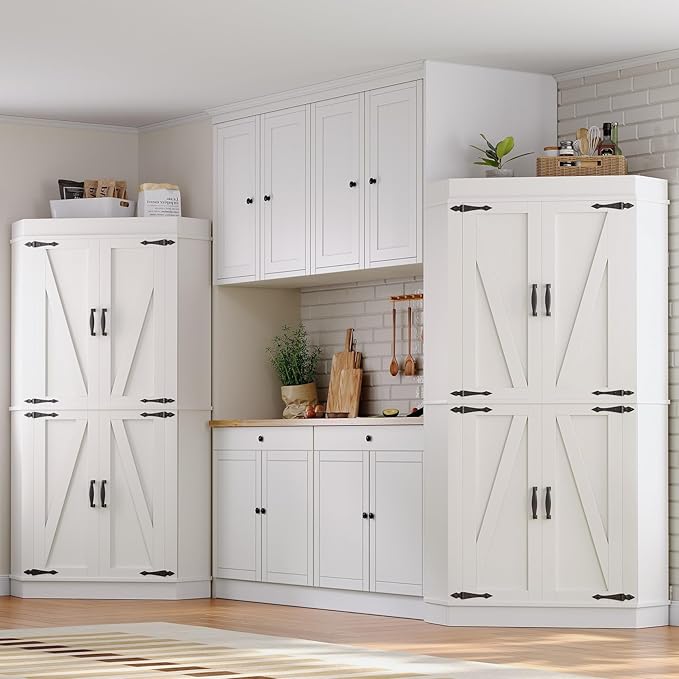 Corner Kitchen Pantry Storage Cabinet with Doors, Kitchen Hutch, 71'' Tall Food Storage Cabinet Furniture for Living Room, Dining Room (White)