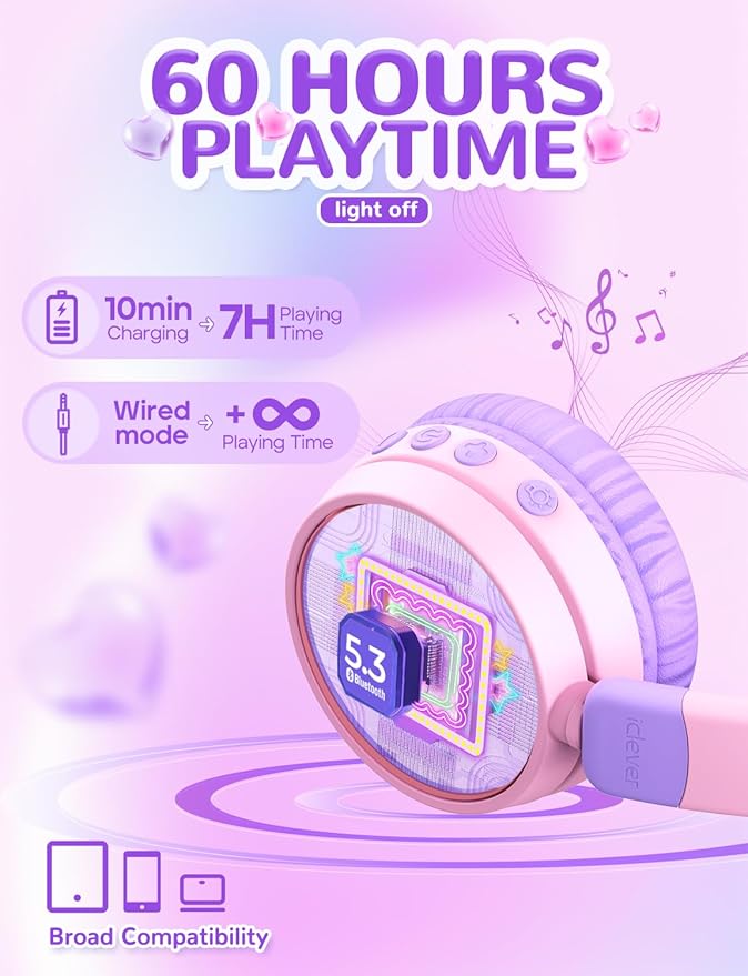 iClever Kids Bluetooth Headphones, Light Up Cat Ear,60H Playtime, USB C Fast Charging, Safe Volume 74/85dBA, Bluetooth 5.3,Toddler Headphones Wireless for iPad Tablets Travel,Meow Cookies-Peach Pink