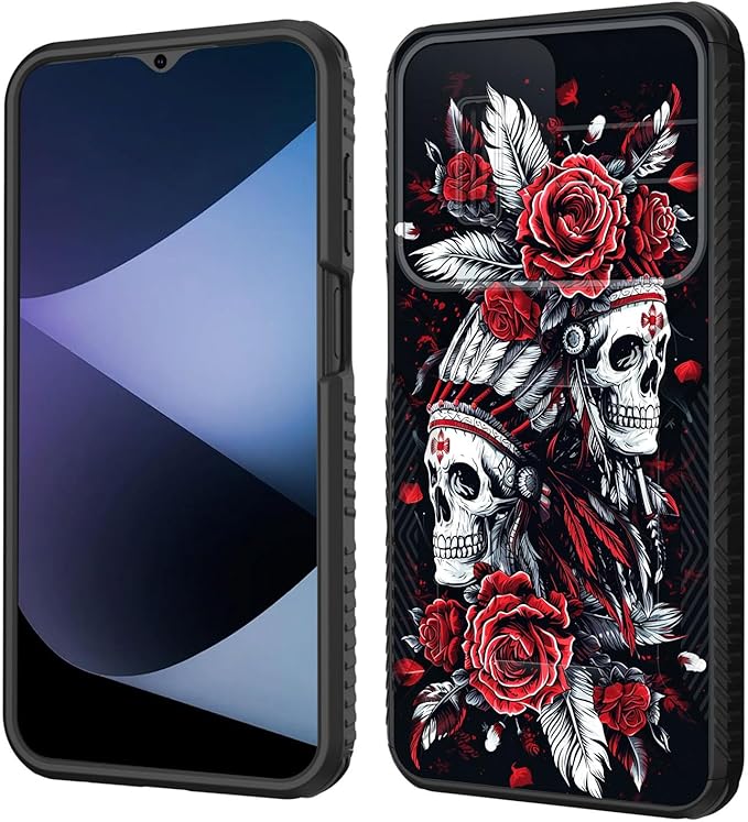 for Galaxy A17 5G Case Built in Slide Camera Lens Cover,Heavy Duty Shockproof Protection Dual Layer Case for Samsung Galaxy A17 5G 6.7" 2025,Skull Art with Feathers and Roses
