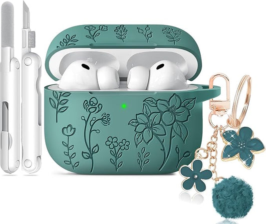 for Airpods Pro 3 Case, Flower Engraved Case Cover Compatible with AirPods Pro 3rd Generation 2025, Soft Silicone Cases with Cute Keychain & Cleaner for Women Girly, Shockproof