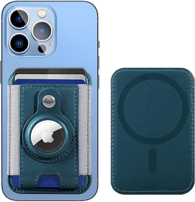 Miroddi MagSafe AirTag Holder, Card Holder for iPhone 15/14/13/12 Series, Leather Wallet with RFID Protection, Blue