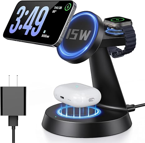iPhone Charging Station 3 in 1 Wireless Charger for Apple Devices, 15W MagSafe Stand Compatible with iPhone 17 16 15 14 13 12 Pro Max Plus, Charging Dock for AirPods 4 3 2 & iWatch Series (Black)