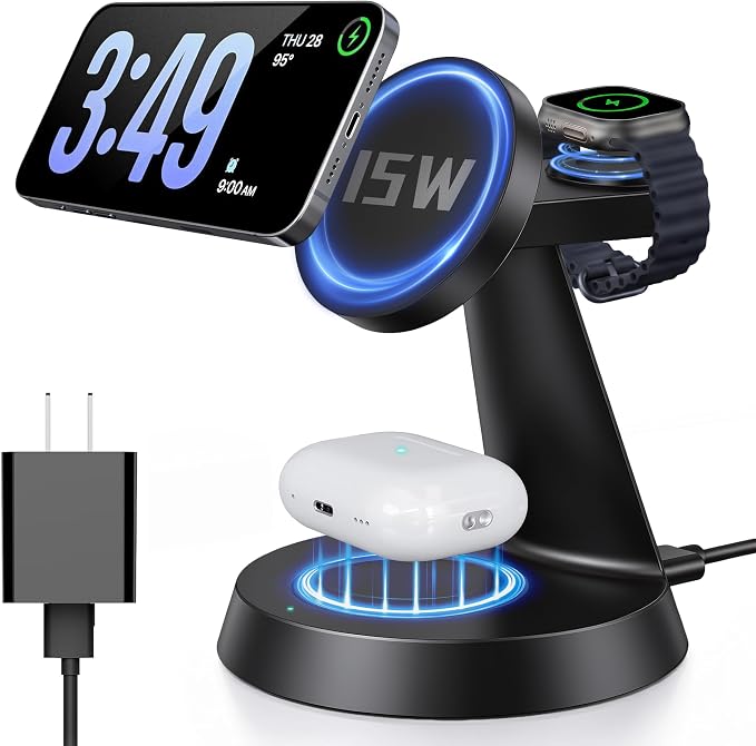 iPhone Charging Station 3 in 1 Wireless Charger for Apple Devices, 15W MagSafe Stand Compatible with iPhone 17 16 15 14 13 12 Pro Max Plus, Charging Dock for AirPods 4 3 2 & iWatch Series (Black)