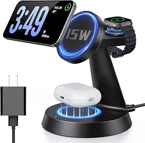 iPhone Charging Station 3 in 1 Wireless Charger for Apple Devices, 15W MagSafe Stand Compatible with iPhone 17 16 15 14 13 12 Pro Max Plus, Charging Dock for AirPods 4 3 2 & iWatch Series (Black)