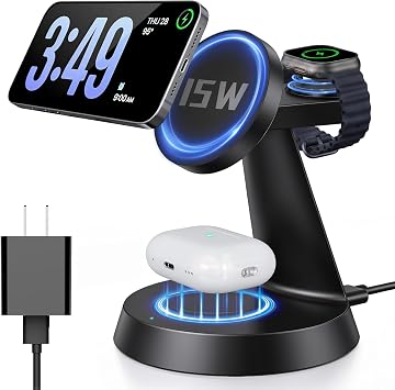 iPhone Charging Station 3 in 1 Wireless Charger for Apple Devices, 15W MagSafe Stand Compatible with iPhone 17 16 15 14 13 12 Pro Max Plus, Charging Dock for AirPods 4 3 2 & iWatch Series (Black)