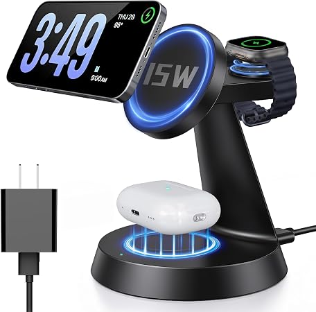 iPhone Charging Station 3 in 1 Wireless Charger for Apple Devices, 15W MagSafe Stand Compatible with iPhone 17 16 15 14 13 12 Pro Max Plus, Charging Dock for AirPods 4 3 2 & iWatch Series (Black)