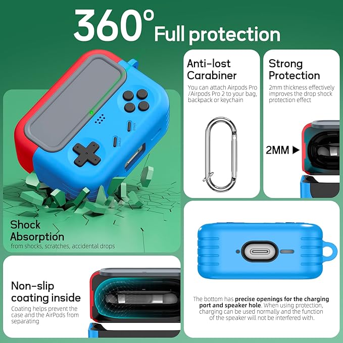 Inesore for Airpods Pro 2nd Generation Case Cover with Cleaner Kit,with Lock for Airpods Pro Case Cover,Classic Cool Funny Game Console Hard Air Pod Pro Case for Men Boy(Red Blue)