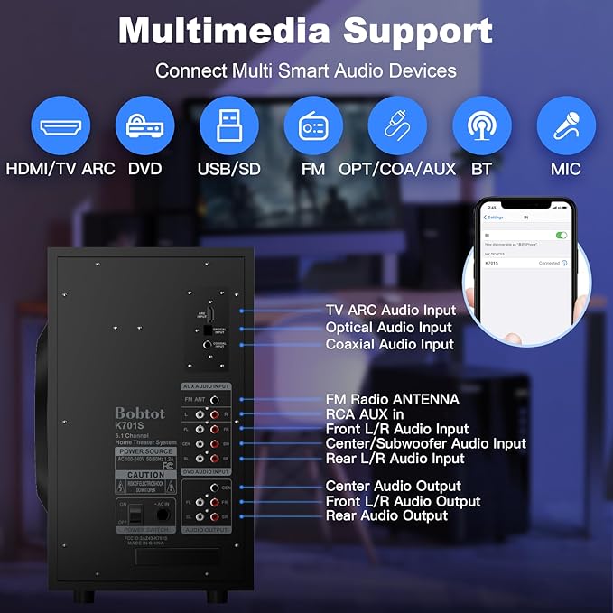 Bobtot Home Theater Surround Sound System for TV - 6.5inch Subwoofer 800W Peak Deep Bass 5.1 Wired Satellite Speakers Audio Stereo Systems Support ARC Optical Bluetooth Aux Input