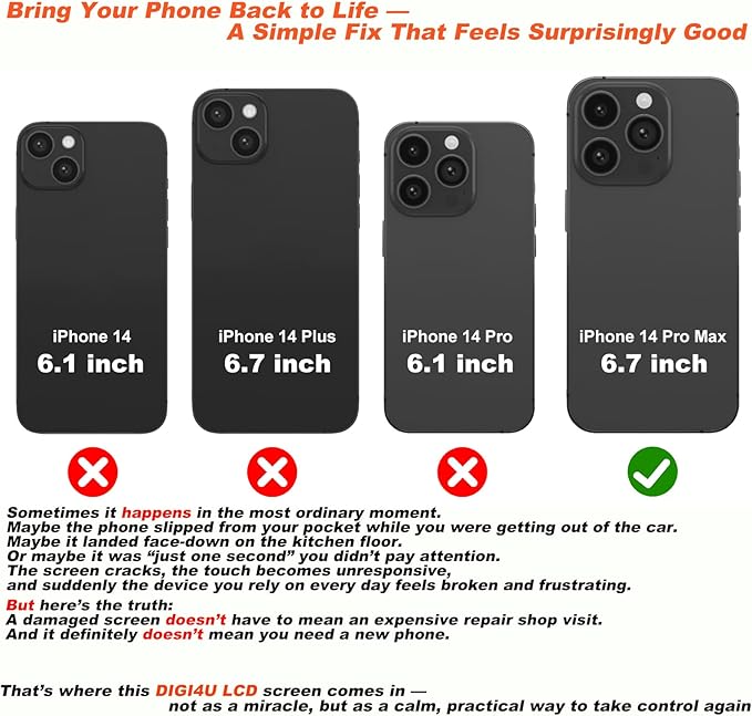 DIGI4U LCD for iPhone 14 Pro Max Screen Replacement, 6.7''[3D Touch][Small Notch] Screen for iPhone 14 Pro Max Display Digitizer Assembly, with Repair Tools for iPhone 14 Pro Max LCD