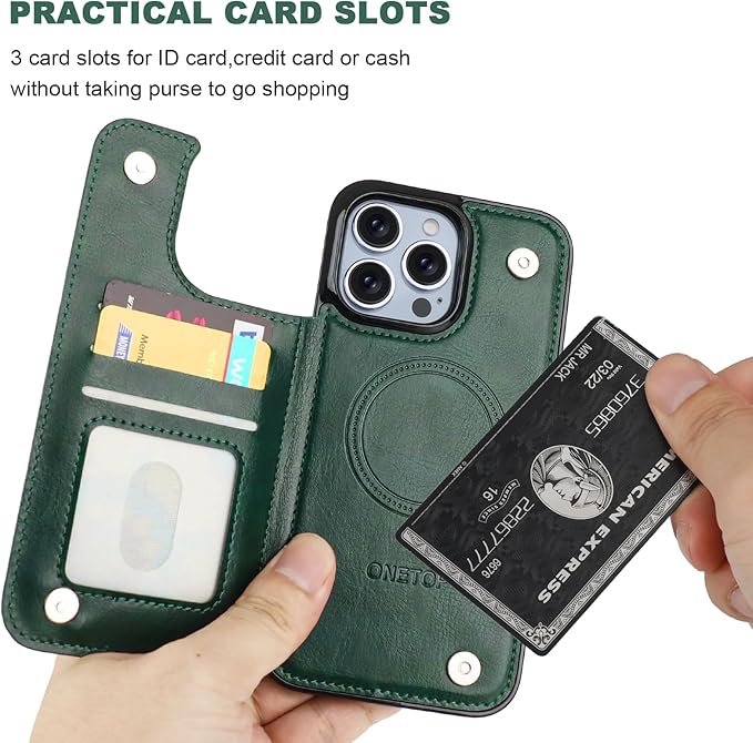 ONETOP Compatible with Magsafe for iPhone 13 Pro Max Wallet Case with Card Holder, PU Leather Kickstand RFID Blocking Case, Double Magnetic Clasp and Durable Shockproof Cover 6.7 Inch (Green)