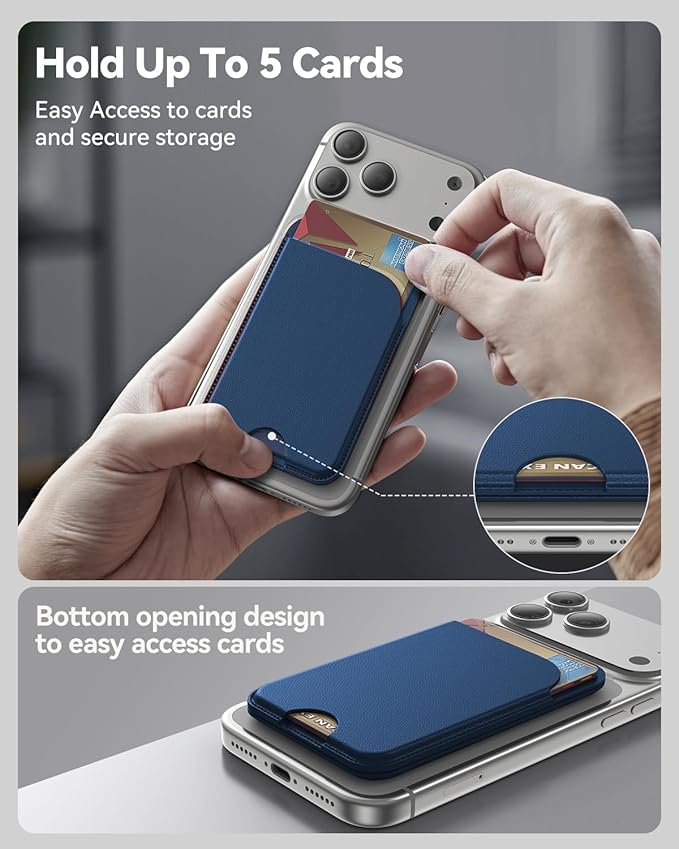 for MagSafe Wallet, 5 Cards Holder with Stand, Magnetic Phone Wallet Stand for iPhone 17/16/15/14/13/12 Pro Max Air Plus Series, RFID Blocking Vegan Leather,Navy Blue