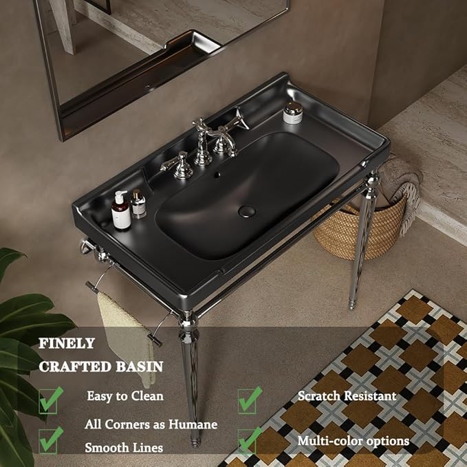 36" Bathroom Console Sink, Wall-Mounted Black Ceramic Vanity Basin with 3 Pre-drilled Faucet Holes, Freestanding Chrome Stainless Steel Support Legs with Towel Bar, No Faucet - Rome, Black