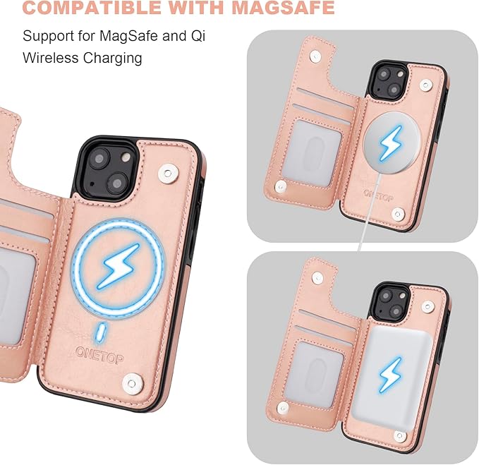 ONETOP Compatible with Magsafe for iPhone 13 Mini Wallet Case with Card Holder, PU Leather Kickstand RFID Blocking Case, Double Magnetic Clasp and Durable Shockproof Cover 5.4 Inch (Rose Gold)