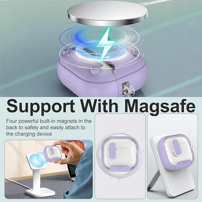 for Airpods 4 Case Clear,Secure Lock for Airpods 4th Generation Case Cover with Phone Stand and Magsafe Function,Auto Pop-up,Hybrid Protection Design with Carabiner&Cleaning Pen-Purple