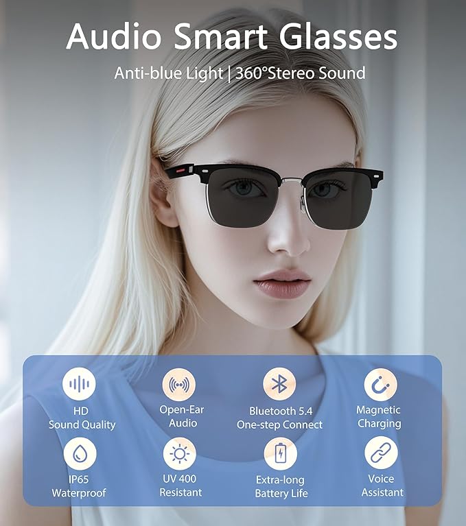 Smart Glasses, Bluetooth 5.4 Sunglasses for Men & Women with Open Ear Speaker, Voice Assistant Compatible, Blue Light Filter & UV Pretection Lenses for Android/iOS, Half Frame Sunglasses, Black