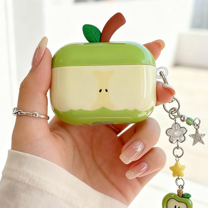 for AirPods Pro 3 Case 2025 - Cute 3D Green Apple Design with Apple Pendant Keychain,Soft Shockproof Silicone Cover, for Girls Women