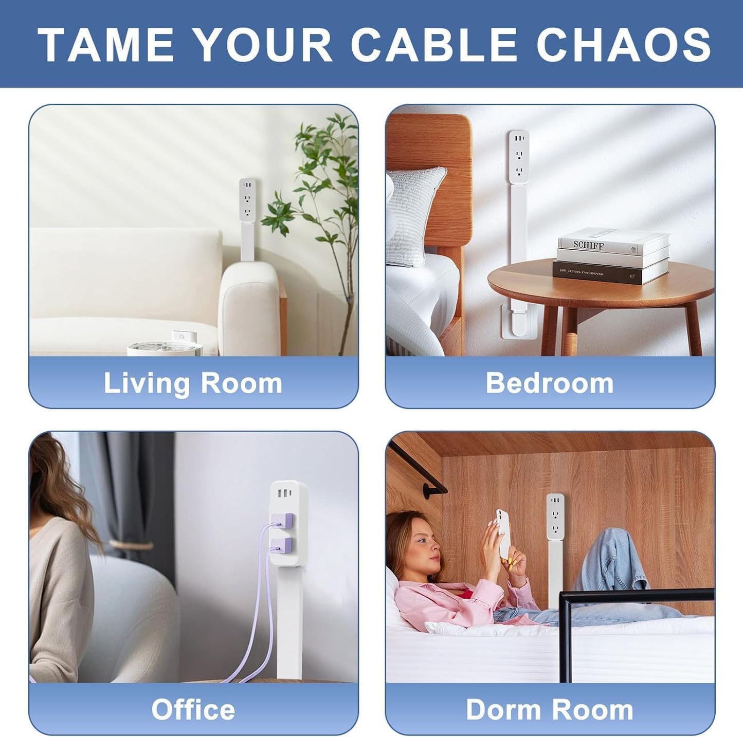 Extendable Outlet Extender 22"-34" – 180° Rotating, 2 AC + USB-A + USB-C Ports