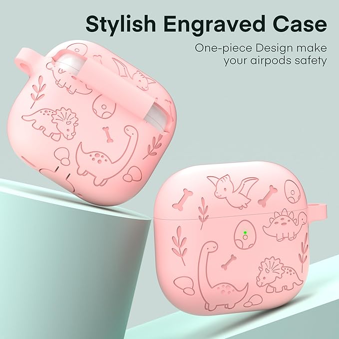 Maxjoy for AirPods 4 Case, Engraved Silicone Cute AirPod 4 Case for Women Men Protective iPod 4 Cover with Keychain Cleaning Kit for AirPod 4th Generation Cover 2024, Dinosaur Pink