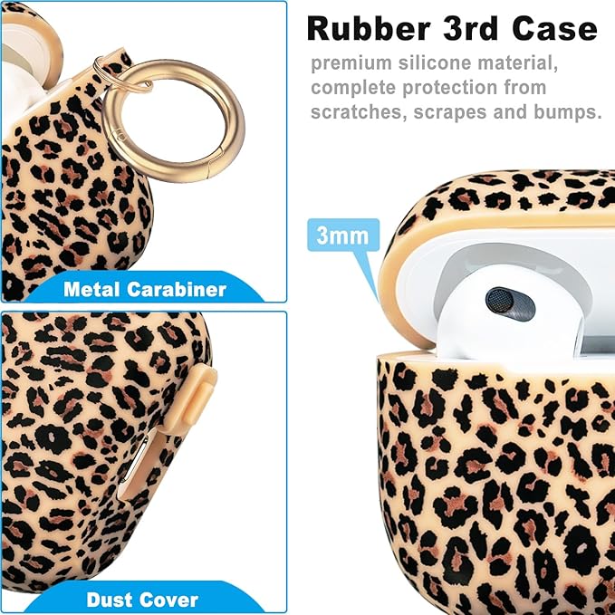 Silicone Leopard Compatible with AirPods 3 Case 2021, Gawnock Soft Case Compatible with AirPods 3rd Generation Floral Print Cover for Women Girls with Keychain (Khaki Leopard)