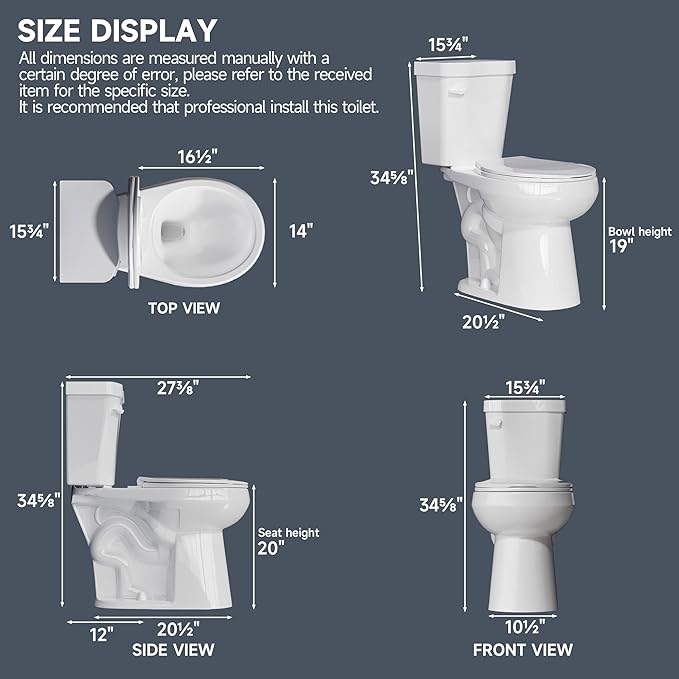 Compact Tall Toilet 19 Inch for Small Bathroom Space 1.28 GPF Tornado Single Flush - Two Piece Comfort ADA High Toilet for Seniors, 19 Inch Bowl Height, 20 Inch Seat Height, 12" Rough In,White