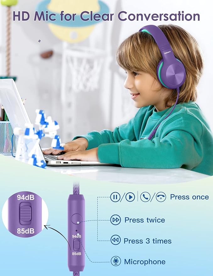 Headphones for Kids for School, Kids Headphones with Microphone, Sharing Function, 85dB/94dB Safe Volume Limit, HD Sound, Over Ear Kid Headphone for School, On-line Study, Travel, Purple