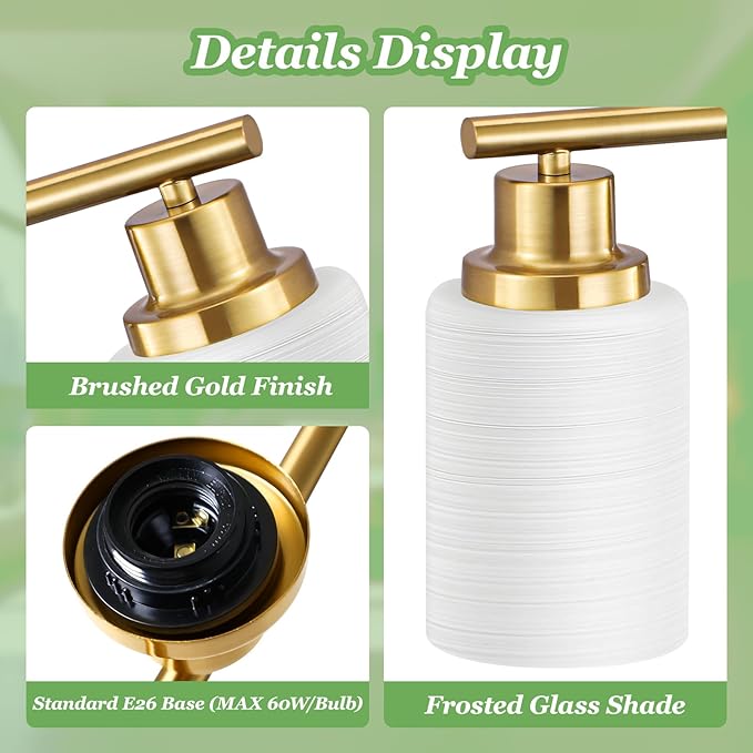 6-Light Vanity Lights, Brushed Gold Bathroom Light Fixture with Striped Textured Milky White Glass Shade, E26 Wall Sconce, Modern Vanity Lighting Fixture for Bathroom Wall Light Over Mirror