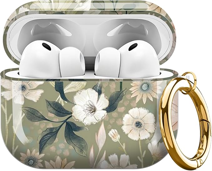 AirPod Pro 3 (2025) Case Cover for Women, Cute Shockproof TPU Protective Case with Gold Round Buckle, Anti-Drop Design Cute Boho Green Flower