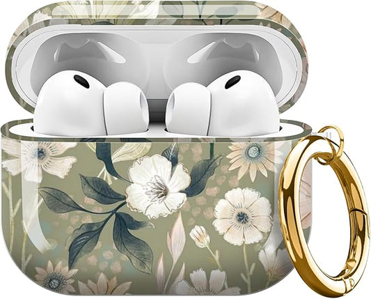 AirPod Pro 3 (2025) Case Cover for Women, Cute Shockproof TPU Protective Case with Gold Round Buckle, Anti-Drop Design Cute Boho Green Flower