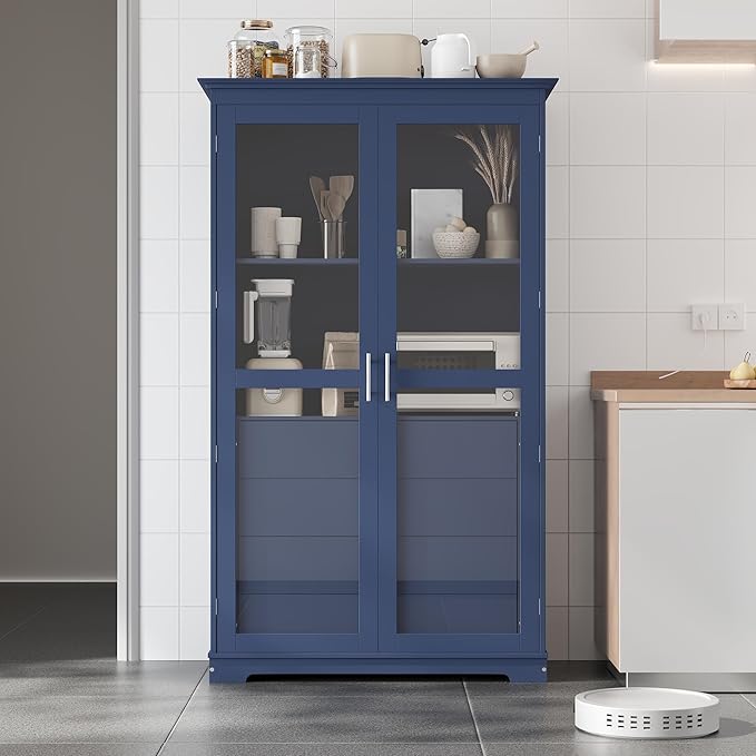 Kitchen Pantry Cabinet 44.7Wx20Dx75H inch, Freestanding Storage Display Cabinets with Glass Doors and 4 Built-in Drawers for Living Room, Home Office,Blue