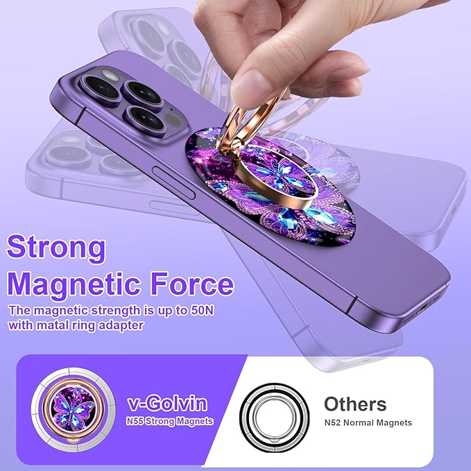 Magnetic Phone Ring Holder for MagSafe Grip,[Super Magnet],Stylish 360° Rotation Cell Phone Grip Stand Finger Ring Kickstand for iPhone 17 16 15 14 Pro Max,iPad and Smartphones,Butterfly