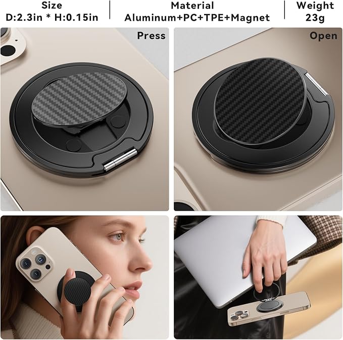 Magnetic Phone Ring Holder for MagSafe, Phone Grip, Compatible with iPhone 17 Pro Max 16 15 14 and Android, Phone Finger Ring Grip Stand for Men Women, Black