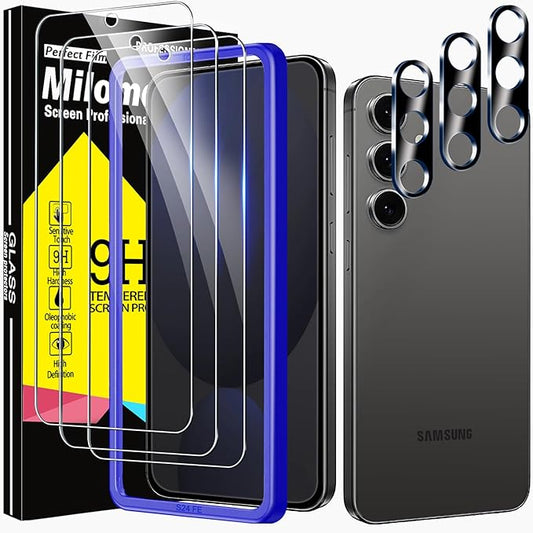 Milomdoi 3 Pack Screen Protector for Samsung Galaxy S24 FE with 3 Pack Camera Lens Protector,Tempered Glass Accessories, [Support Fingerprint Unlock]