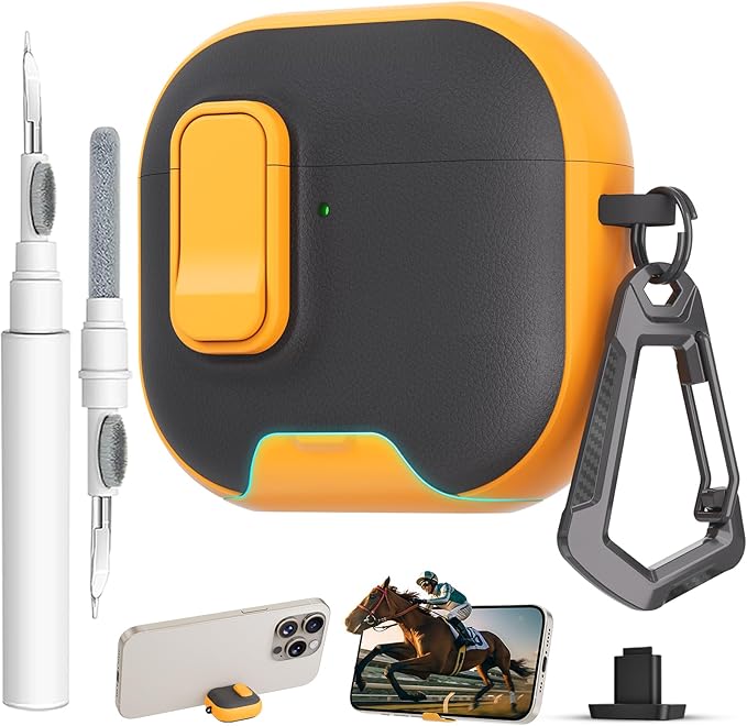 for AirPods 4 Case with Lock,TPU Leather Texture Protective Durability Anti-Lost & Shockproof Protective Cover Accessories with Cleaning Kit in Keychain for Apple AirPods 4 Generation (Yellow/Black)