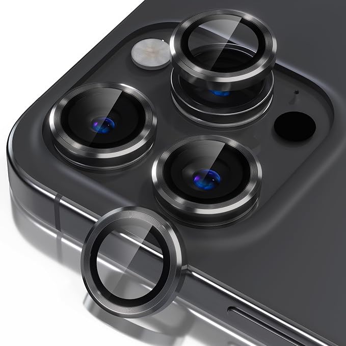 Misea Compatible for iPhone 16 Pro/iPhone 16 Pro Max Camera Lens Protector, Ultra-HD Tempered Glass Camera Cover Screen Protector Metal Individual Ring Protector Decoration Accessories, Black