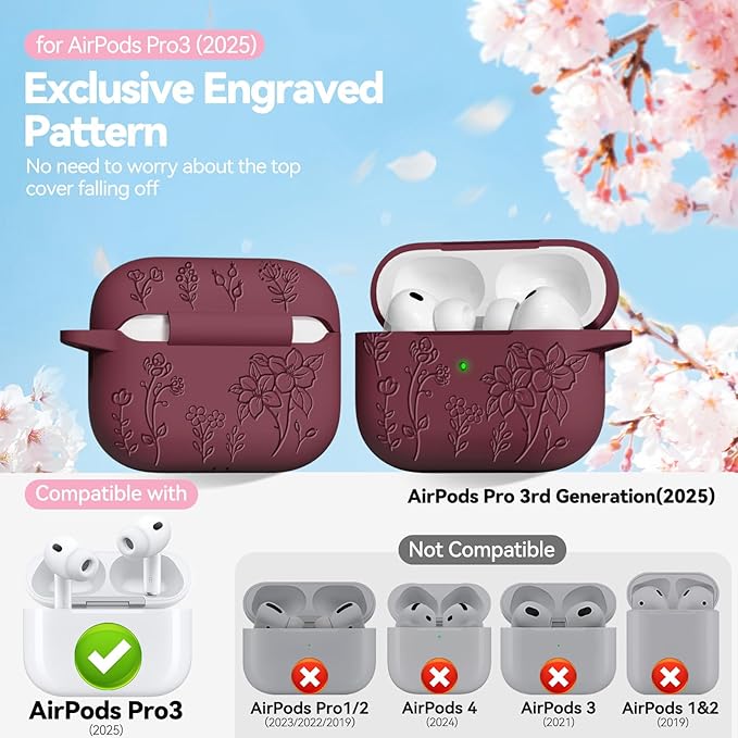 for Airpods Pro 3 Case, Flower Engraved Case Cover Compatible with AirPods Pro 3rd Generation 2025, Soft Silicone Cases with Cute Keychain & Cleaner for Women Girly, Shockproof