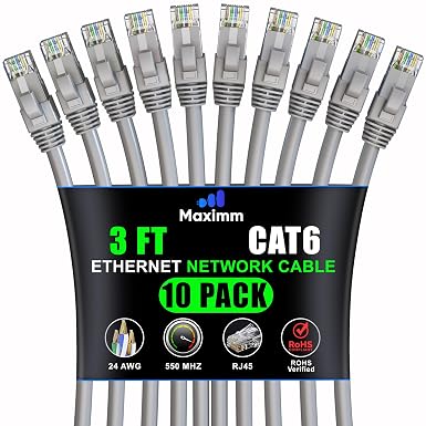 Maximm Cat6 Ethernet Cable 3 Ft, 10 Gbps 550 MHz, Gray, 10 Pack
