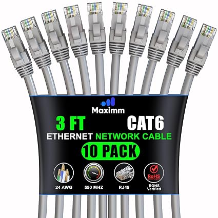 Maximm Cat6 Ethernet Cable 3 Ft, 10 Gbps 550 MHz, Gray, 10 Pack