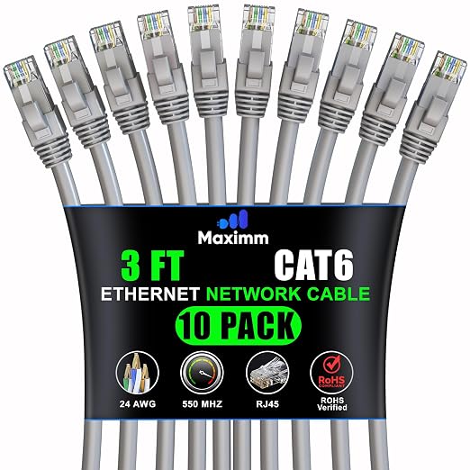 Maximm Cat6 Ethernet Cable 3 Ft, 10 Gbps 550 MHz, Gray, 10 Pack